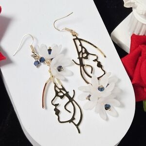 Bohemian Woman Face Flower Dangle Earrings Gold Asymmetrical Artsy Whimsical Art